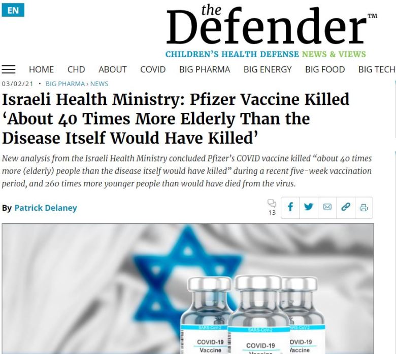 Υπουργείο Υγείας του Ισραήλ: Το εμβόλιο Pfizer σκότωσε «Περίπου 40 φορές περισσότερους ηλικιωμένους και 260 φορές περισσότερoυς νεότερους απ΄ό,τι θα είχε σκοτώσει ο ιός»