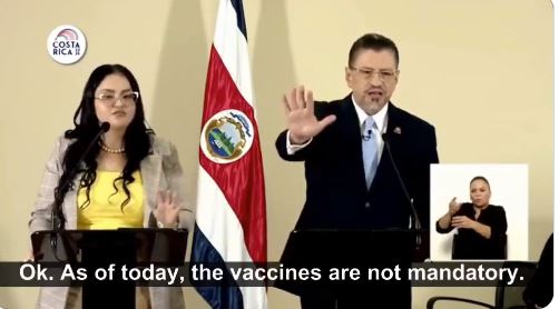 Ο νεοεκλεγείς Πρόεδρος της Κόστα Ρίκα κατήργησε τον υποχρεωτικό εμβολιασμό για covid19 και όρισε ως παράνομη κάθε ενέργεια-κύρωση εναντίον κάθε ανεμβολίαστου. (βίντεο)